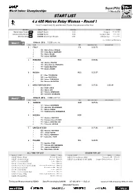 START LIST 4 X 400 Metres Relay Women - Round 1 First 2 in Each Heat (Q) and the Next 2 Fastest (Q) Advance to the Final