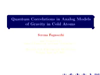 Quantum Correlations in Analog Models of Gravity in Cold Atoms