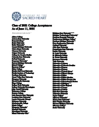 Class of 2021 College Acceptances As of June 11, 2021