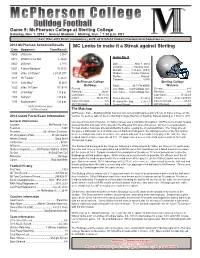 MC Looks to Make It a Streak Against Sterling Date Opponent Time/Result 09/06 at Bacone L 24-7 Game No