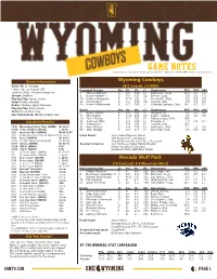 GAME NOTES Nick Seeman, Assistant AD for Media and Public Relations - Cell Phone: 612-741-0550 - Email: Nseeman@Uwyo.Edu