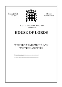 House of Lords Written Answers and Statements