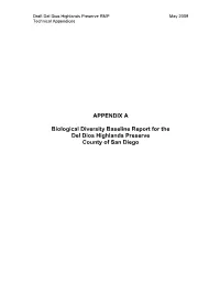 APPENDIX a Biological Diversity Baseline Report for the Del Dios