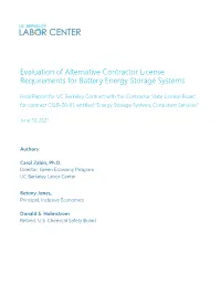 Evaluation of Alternative Contractor License Requirements for Battery Energy Storage Systems
