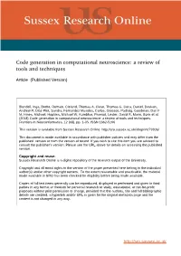 Code Generation in Computational Neuroscience: a Review of Tools and Techniques