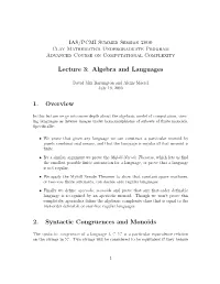 Lecture 3: Algebra and Languages 1. Overview 2. Syntactic Congruences