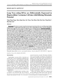 Long Non-Coding Rnas Are Differentially Expressed in Hepatocellular Carcinoma Cell Lines with Different Metastatic Potential