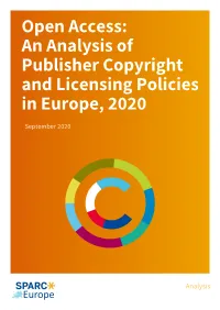 Open Access: an Analysis of Publisher Copyright and Licensing Policies in Europe, 2020