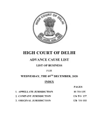 Advance Cause List List of Business for Wednesday, the 09Th December, 2020 Index Pages