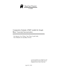 Comparative Analysis of NLP Models for Google Meet Transcript Summarization