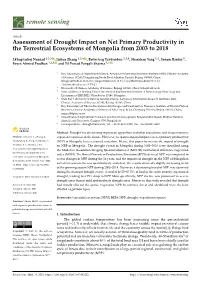 Assessment of Drought Impact on Net Primary Productivity in the Terrestrial Ecosystems of Mongolia from 2003 to 2018