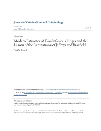 Modern Estimates of Two Infamous Judges and the Lesson of the Reputations of Jeffreys and Braxfield Frank W