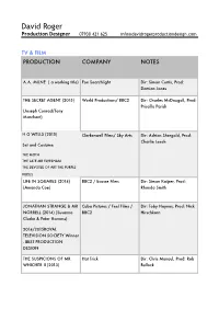 David Roger Production and Set Design CV