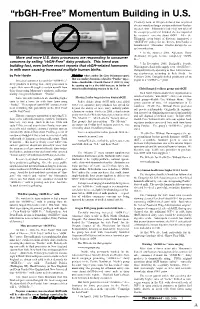 Rbgh-Free” Momentum Building in U.S