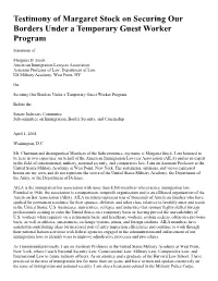Testimony of Margaret Stock on Securing Our Borders Under a Temporary Guest Worker Program