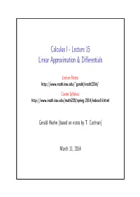 Calculus I - Lecture 15 Linear Approximation & Diﬀerentials