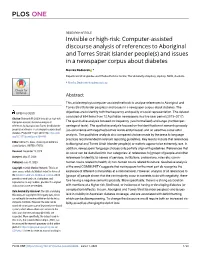 Computer-Assisted Discourse Analysis of References to Aboriginal and Torres Strait Islander People(S) and Issues in a Newspaper Corpus About Diabetes