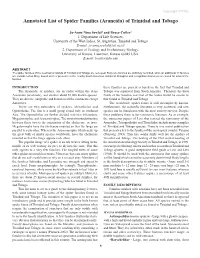 Annotated List of Spider Families (Araneida) of Trinidad and Tobago