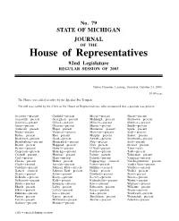 House of Representatives 92Nd Legislature REGULAR SESSION of 2003