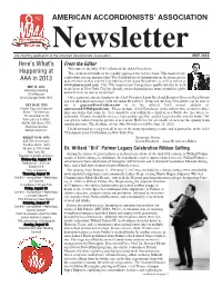 MAY 2013 Here’S What’S from the Editor Welcome to the May 2013 Edition of the AAA Newsletter