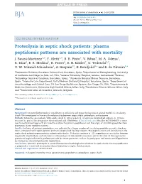 Proteolysis in Septic Shock Patients: Plasma Peptidomic Patterns Are Associated with Mortality J