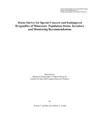Status Survey for Special Concern and Endangered Dragonflies in Minnesota