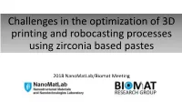 Challenges in the Optimization of 3D Printing of Zirconia Based Pastes By