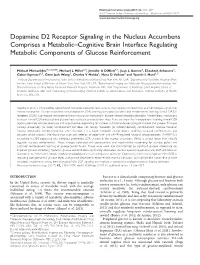 Dopamine D2 Receptor Signaling in the Nucleus Accumbens Comprises a Metabolic–Cognitive Brain Interface Regulating Metabolic Components of Glucose Reinforcement