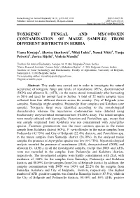 Toxigenic Fungal and Mycotoxin Contamination of Maize Samples from Different Districts in Serbia