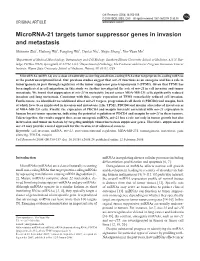 Microrna-21 Targets Tumor Suppressor Genes in Invasion and Metastasis Shuomin Zhu1, Hailong Wu1, Fangting Wu1, Daotai Nie1, Shijie Sheng2, Yin-Yuan Mo1