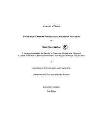 University of Alberta Preparation of Alberta Postsecondary Vocational