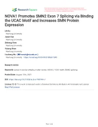 NOVA1 Promotes SMN2 Exon 7 Splicing Via Binding the UCAC Motif and Increases SMN Protein Expression