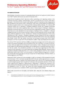 Preliminary Operating Statistics for the 4Th Quarter 2017 and Full Financial Year Ended 2017