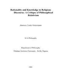 Rationality and Knowledge in Religious Discourse: a Critique of Philosophical Relativism