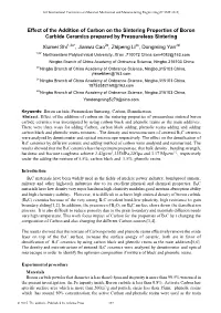 Effect of the Addition of Carbon on the Sintering Properties of Boron Carbide Ceramics Prepared by Pressureless Sintering