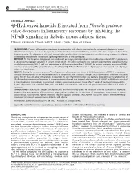 Hydroxywithanolide E Isolated from Physalis Pruinosa Calyx Decreases Inﬂammatory Responses by Inhibiting the NF-Κb Signaling in Diabetic Mouse Adipose Tissue