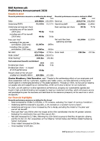 BAE Systems Plc Preliminary Announcement 2020