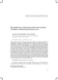 Breed Differences in Behaviour-Related Characteristics of Stallions Evaluated in Performance Tests