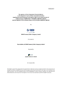 The Opinions of the Independent Financial Advisor on the Disposal of Asset and the Connected Transaction Regarding the Partial W