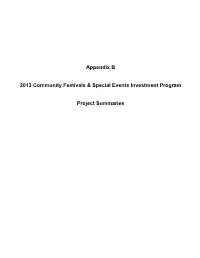 Appendix B 2013 Community Festivals & Special Events Investment Program Project Summaries
