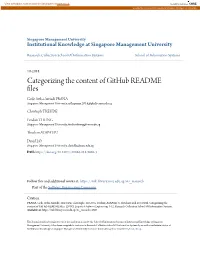 Categorizing the Content of Github README Files Gede Artha Azriadi PRANA Singapore Management University, Arthaprana.2016@Phdis.Smu.Edu.Sg