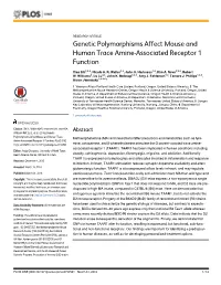 Genetic Polymorphisms Affect Mouse and Human Trace Amine-Associated Receptor 1 Function