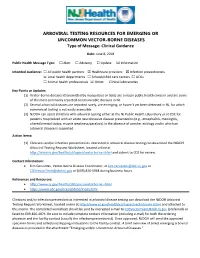 ARBOVIRAL TESTING RESOURCES for EMERGING OR UNCOMMON VECTOR-BORNE DISEASES Type of Message: Clinical Guidance