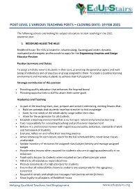 Post Level 1 Various Teaching Posts – Closing Date: 19 Feb 2021