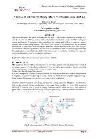 Analysis of Whitworth Quick Return Mechanism Using ANSYS