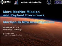 Mars Metnet Mission and Payload Precursors Martian in Situ