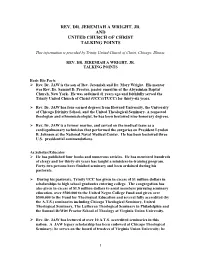 Rev. Wright and UCC Talking Points