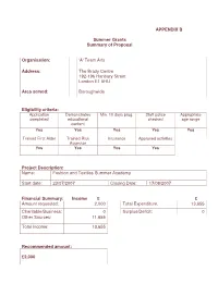 APPENDIX B Summer Grants Summary of Proposal Organisation