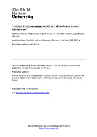 “Critical Posthumanism for All: a Call to Reject Insect Speciesism"