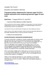 Transport Policy Statement for Learners Aged 16-18 in Further Education and Continuing Learners Aged 19 and Over